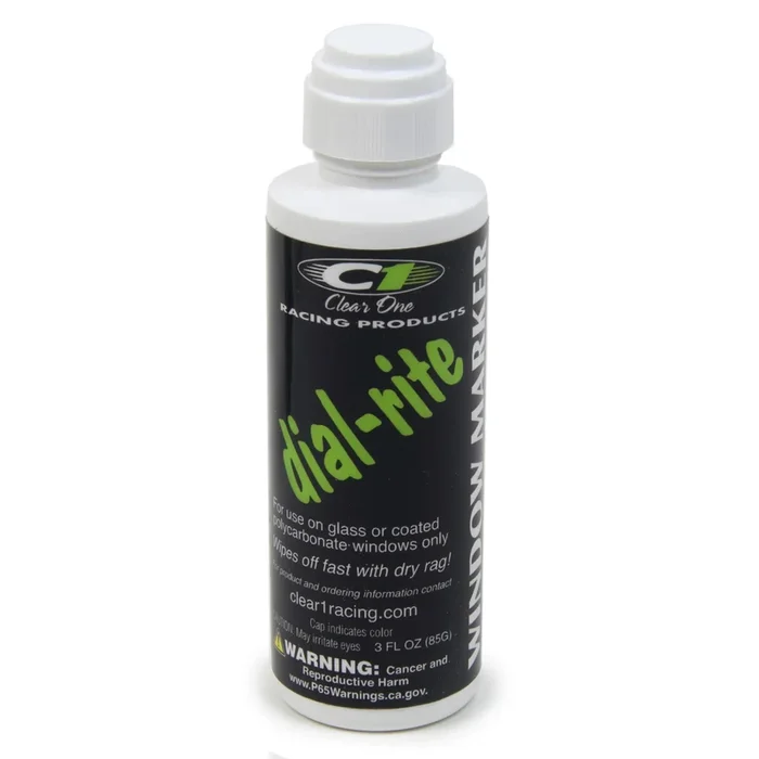 Clear 1 Racing Dial-Rite Dial-In Marker Window White Safe on Glass/Polycarbonate/Rubber – 3 oz Bottle/Applicator