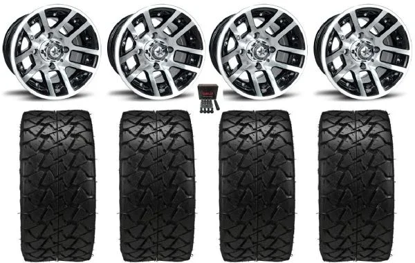Fairway Alloys Illusion 10″ Wheels Black 22″ Trail Fox A/T Tires Yamaha