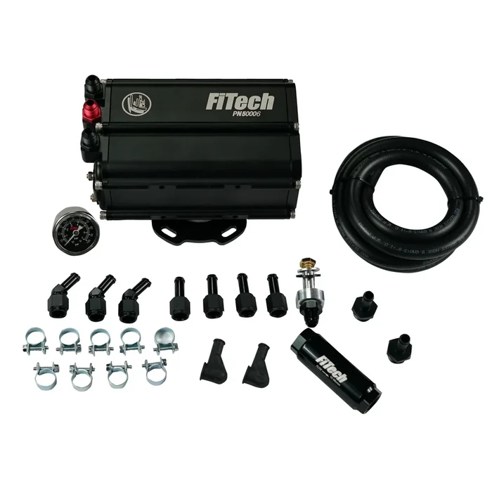 FiTech Go Fuel Force Fuel Tank – 255 lph Pump – 6 AN Fittings – Clamps/Fittings/Fuel Filter/Hose/Pressure Gauge/Sending Unit – Black