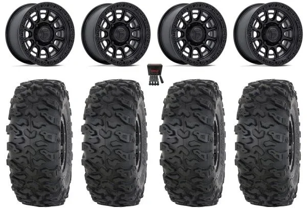 Fuel Cycle 15″ Wheels Black +38mm 33″ Roctane T4 Tires Kawasaki Mule Pro FXT KRX / Yamaha Wolverine RMAX / YXZ 2019+
