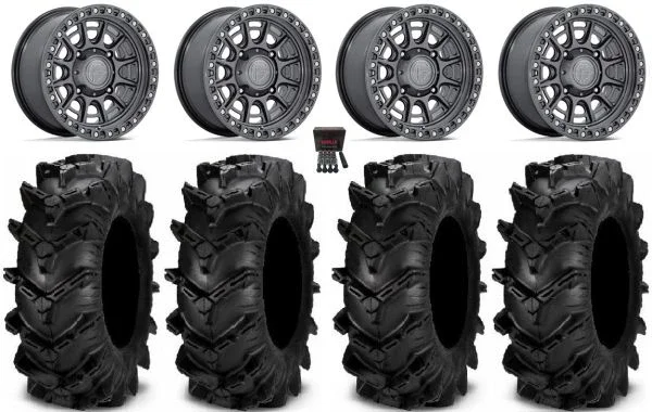Fuel Cycle 15″ Wheels Gunmetal +10mm 32″ Cryptid Tires Kawasaki Teryx Mule
