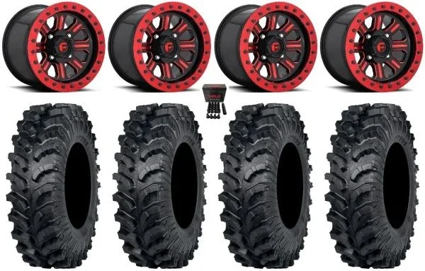 Fuel Hardline Beadlock 15″ Wheels Red 30″ MT911 Tires Can-Am Commander Maverick Renegade Outlander Defender