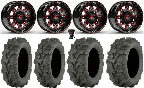 Fuel Lethal Red 14″ Wheels 27″ Mud Lite XTR Tires Sportsman 550 850 1000