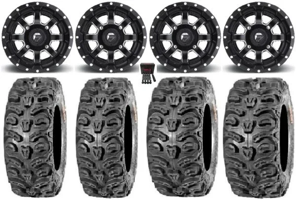 Fuel Maverick Black 14″ Wheels 28″ Bear Claw HTR Tires Kawasaki Mule Pro FXT KRX / Yamaha Wolverine RMAX / YXZ 2019+