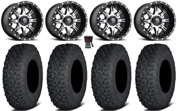Fuel Nutz 14″ Wheels Black 27″ Coyote Tires Kawasaki Mule Pro FXT KRX / Yamaha Wolverine RMAX / YXZ 2019+