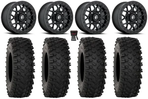 Fuel Tech Beadlock 15″ Wheels Black 35″ ATX470 Tires Kawasaki Mule Pro FXT KRX / Yamaha Wolverine RMAX / YXZ 2019+