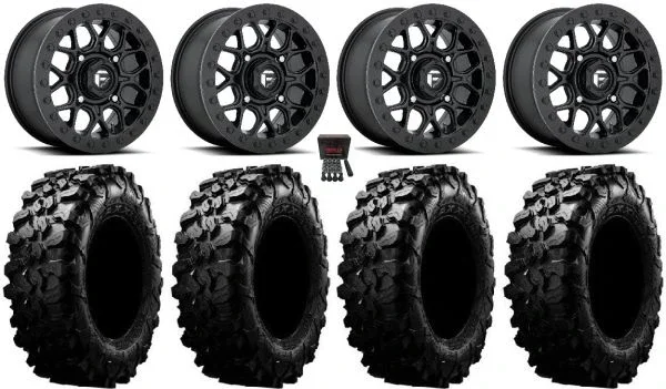 Fuel Tech Beadlock Black 15″ Wheels 29″ Carnivore Tires Kawasaki Mule Pro FXT KRX / Yamaha Wolverine RMAX / YXZ 2019+
