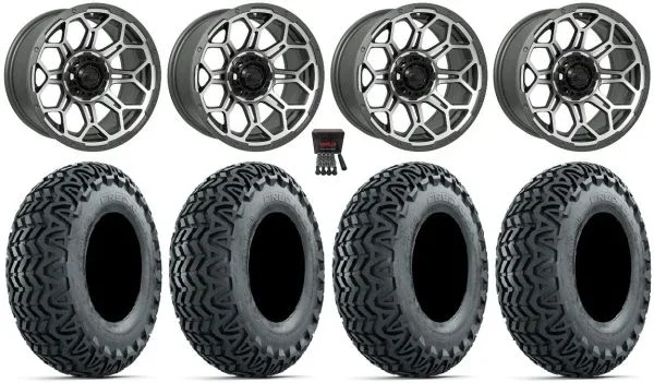 GTW Bravo 14″ Golf Cart Wheels Gray 23″ Predator A/T Tires Yamaha
