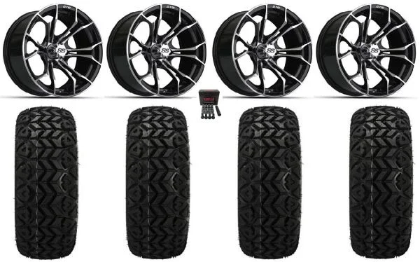 GTW Spyder 15″ Golf Cart Wheels Gloss Bk 23″ Black Trail Tires E-Z-GO & Club Car