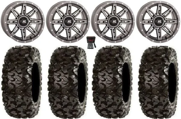 High Lifter HL22 14″ Wheels Gunmetal 28″ Rip Saw Tires Kawasaki Mule Pro FXT KRX / Yamaha Wolverine RMAX / YXZ 2019+