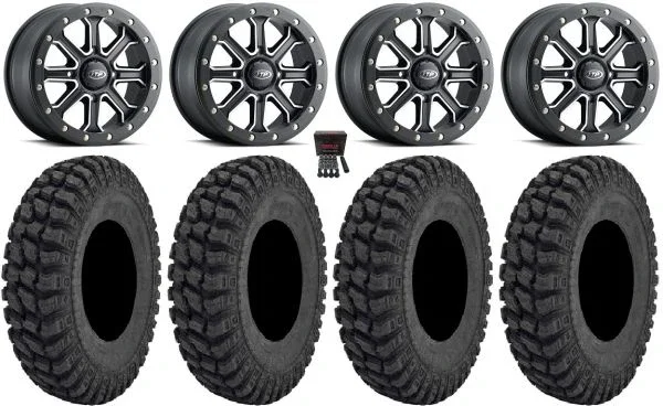 ITP Inertia Bdlk 14″ Wheels Bk +40mm 32″ Warrior AT Tires Kawasaki Teryx Mule