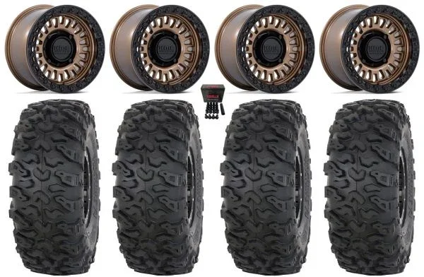 KMC Aztec Beadlock 15″ Wheels Bronze +0mm 33″ Roctane T4 Tires Can-Am Commander Maverick Renegade Outlander Defender