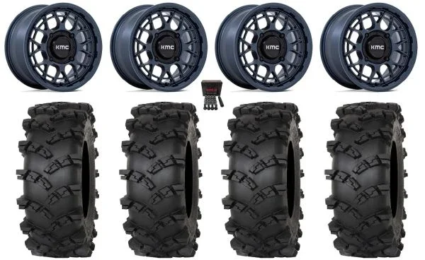 KMC Technic 15″ Wheels Blue 32″ Outlaw M/T Tires Polaris Sportsman / RZR / Ranger
