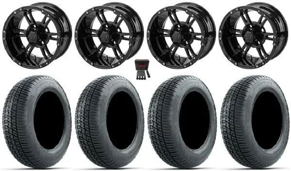 LSI Raptor 12″ Golf Wheels Gloss Bk 215×50 Fusion S/R Tires E-Z-GO & Club Car