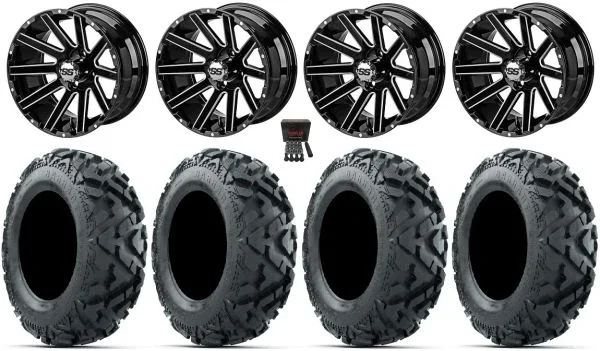 LSI Venom 14″ Golf Wheels Black/Machined 25″ Barrage Mud Tires Yamaha