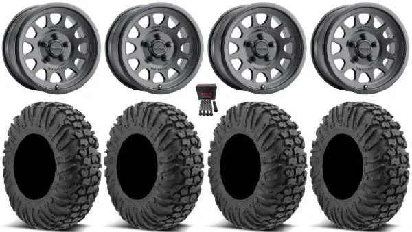 Method 414 15″ Wheels Black 30″ MotoVator Tires Polaris RZR Turbo R & Pro R Ranger 1500 Xpedition
