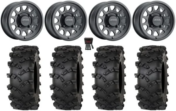 Method 414 15″ Wheels Black +38mm 33″ Outlaw M/T Tires Polaris Sportsman / RZR / Ranger