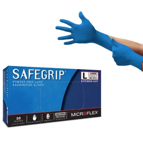 Microflex SafeGrip Powder-Free Medical-Grade Extended Cuff Latex Exam Gloves, 50/BOX