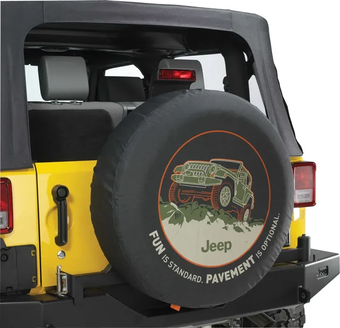 Mopar Jeep Logo Tire Cover Black Denim with “FUN is Standard. PAVEMENT is Optional”
