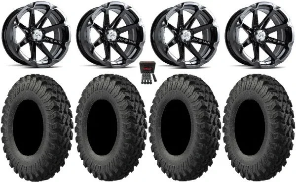MSA Black Diesel 14″ UTV Wheels 32″ MotoRally Tires Yamaha Viking Wolverine YXZ1000R CFMoto ZForce 950 UForce 1000