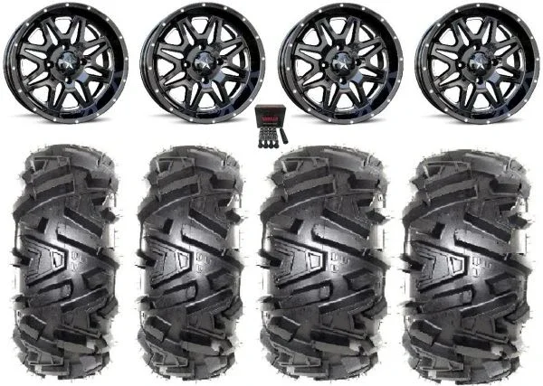 MSA Black Vibe 14″ ATV Wheels 26″ Moto MTC Tires Honda Rincon Yamaha Rhino Kawasaki Brute Force Suzuki KingQuad