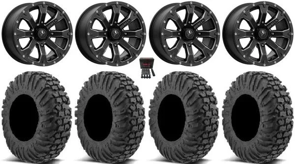 MSA Bounty 15″ Wheels Black 34″ MotoVator Tires Can-Am Commander Maverick Renegade Outlander Defender