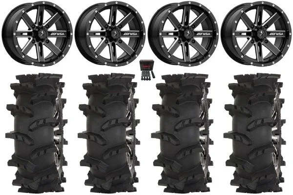 MSA Boxer 14″ Wheels Milled 30″ Outlaw Max Tires Honda Rincon Yamaha Rhino Kawasaki Brute Force Suzuki KingQuad