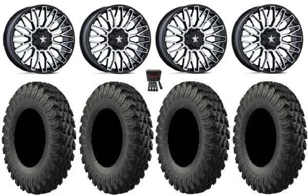 MSA Clubber 14″ Wheels Machined 32″ MotoRally Tires Kawasaki Mule Pro FXT KRX / Yamaha Wolverine RMAX / YXZ 2019+
