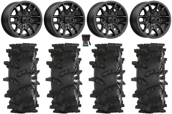 MSA Fang 14″ Wheels Black 30″ Outlaw Max Tires Honda Rincon Yamaha Rhino Kawasaki Brute Force Suzuki KingQuad