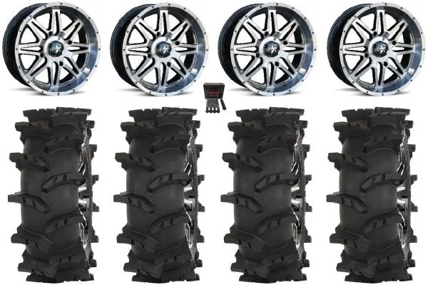 MSA Vibe 14″ Wheels Dark Tint 32″ Outlaw Max Tires Yamaha Viking Wolverine YXZ1000R CFMoto ZForce 950 UForce 1000