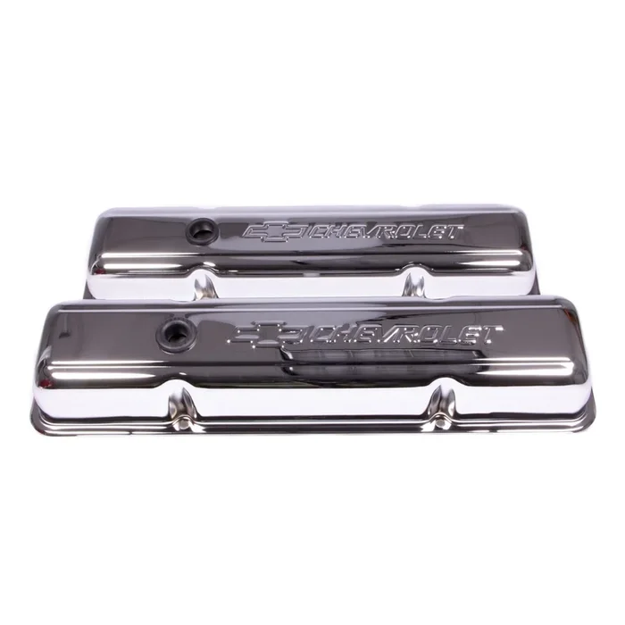 Proform Short Valve Cover – Baffled – Breather Hole – Chevrolet Bowtie Logo – Chrome – Small Block Chevy 141-102 – Pair