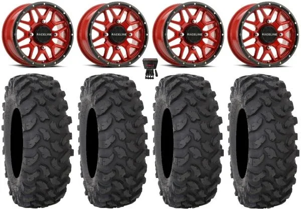 Raceline Krank 14″ Red Wheels 27″ XTR370 Tires Sportsman 550 850 1000