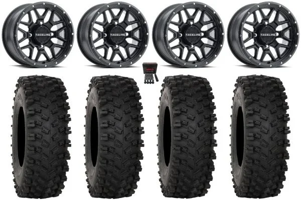 Raceline Krank 14″ Wheels Black +38mm 28″ ATX470 Tires Polaris RZR XP 1000 / PRO XP / Ranger XP 900/1000