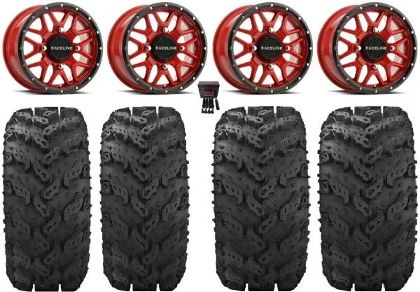 Raceline Krank 14″ Wheels Red 27″ Reptile Tires Yamaha Viking Wolverine YXZ1000R CFMoto ZForce 950 UForce 1000