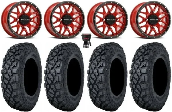 Raceline Krank 14″ Wheels Red +38mm 32″ Klever X/T Tires Kawasaki Mule Pro FXT KRX / Yamaha Wolverine RMAX / YXZ 2019+