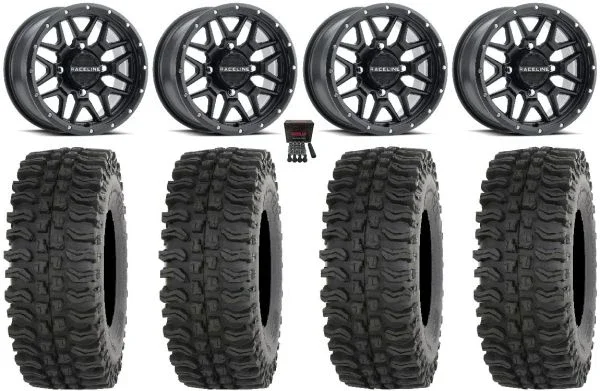 Raceline Krank 15″ Wheels Black 32″ BDC Tires Can-Am Maverick X3 / Honda Pioneer 1000 / Talon