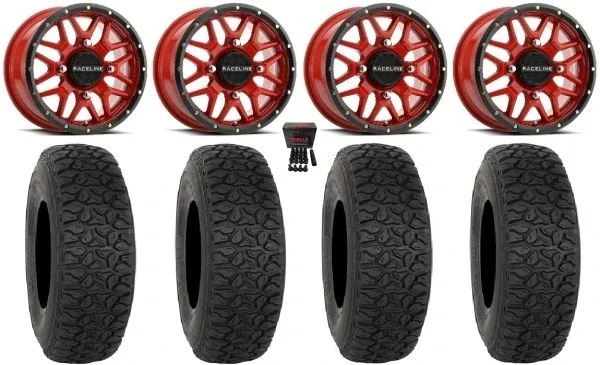 Raceline Krank 15″ Wheels Red 32″ DX440 Tires Can-Am Maverick X3 / Honda Pioneer 1000 / Talon