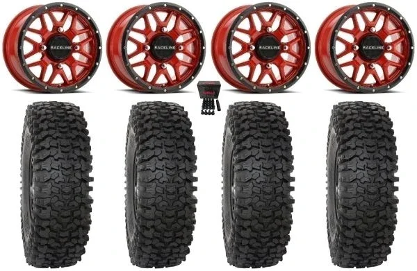 Raceline Krank 15″ Wheels Red 33″ RC500 Tires Polaris Sportsman / RZR / Ranger