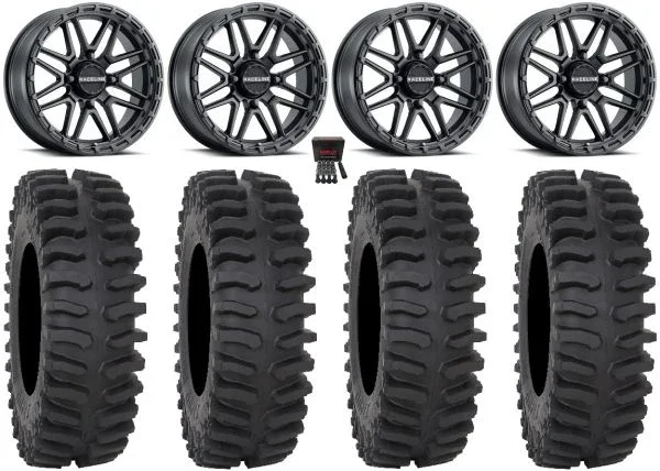 Raceline Krank XL 18″ Wheels Black 35″ XT400 Tires Kawasaki Mule Pro FXT KRX / Yamaha Wolverine RMAX / YXZ 2019+