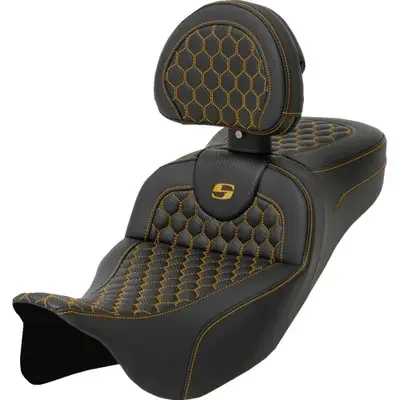 Saddlemen 2008 Harley-Davidson Screamin‘ Eagle Electra Glide Ultra Classic FLHTCUSE3 RoadSofa Seat – Honeycomb – Gold Stitch – with Backrest – Extended Reach – FLH/FLT ‘08-‘24