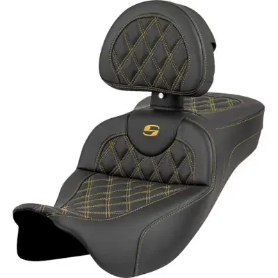 Saddlemen 2019-2022 Harley-Davidson Electra Glide Standard EFI FLHTI Roadsofa Extended Reach Seat – Lattice Stitch – Gold Stitch – with Backrest – FL ‘08-‘23