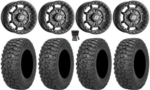 Sedona Rift 14″ Wheels Black 28″ Trail Saw 2.0 Tires Can-Am Maverick X3 / Honda Pioneer 1000 / Talon