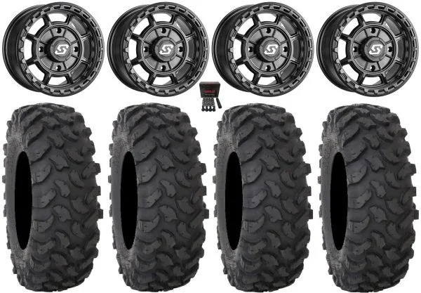 Sedona Rift 15×6 Wheels Black 30″ XTR370 Tires Kawasaki Mule Pro FXT KRX / Yamaha Wolverine RMAX / YXZ 2019+