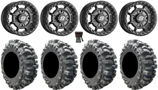 Sedona Rift 15×7 Wheels Black 30″ Bogger Tires Can-Am Commander Maverick Renegade Outlander Defender