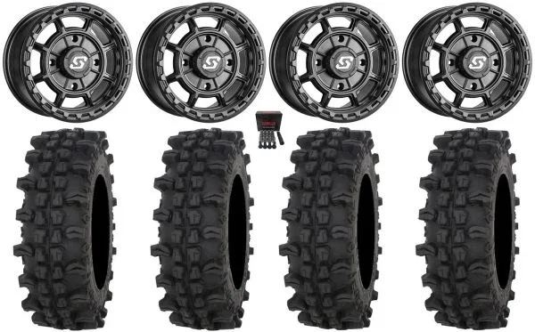 Sedona Rift 15×7 Wheels Black 32″ ACP Tires Kawasaki Mule Pro FXT KRX / Yamaha Wolverine RMAX / YXZ 2019+