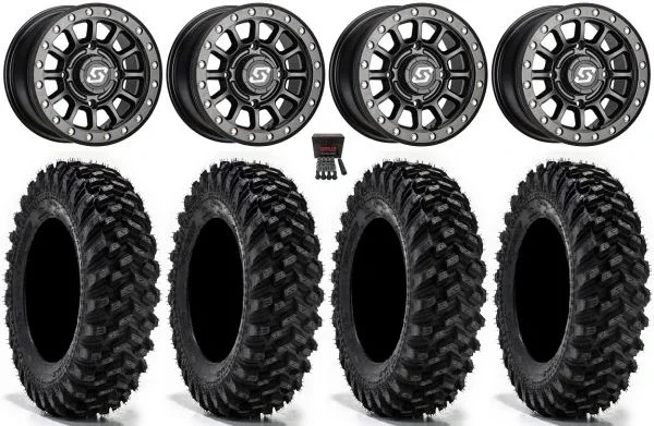 Sedona Sano Beadlock 14″ Wheels Black 34″ Warrior XT Tires Can-Am Maverick X3 / Honda Pioneer 1000 / Talon