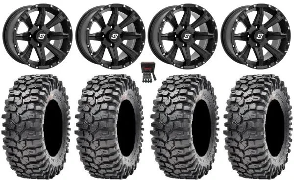 Sedona Sparx 14″ Wheels Black 32″ Roxxzilla 396 Tires Yamaha Viking Wolverine YXZ1000R CFMoto ZForce 950 UForce 1000