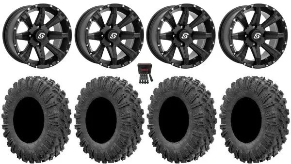 Sedona Sparx 15″ Wheels Black 30″ MotoRavage Tires Can-Am Commander Maverick Renegade Outlander Defender