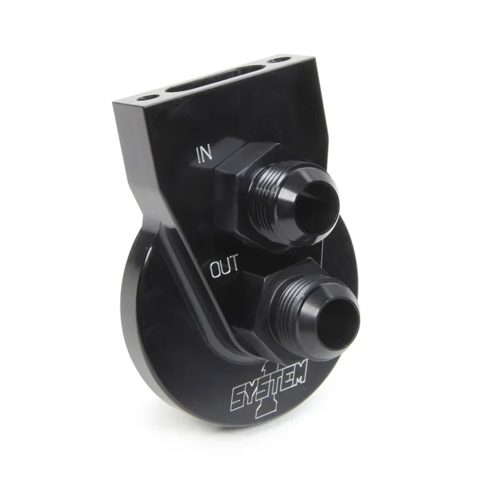 System 1 Remote Oil Filter Mount – Single Filter – 1-12 ” Thread – 12 AN Male Inlet – 12 AN Male Outlet – Bolt-On – 2-Bolt Flat Mount – Aluminum – Black Anodized