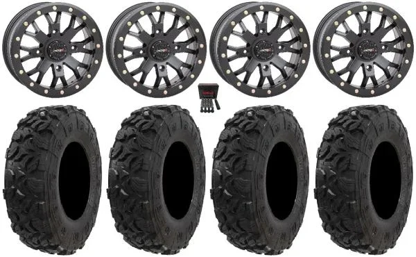 System 3 SB-4 14″ Wheels Black (4+3) 28″ Harvester Tires Sportsman 550 850 1000